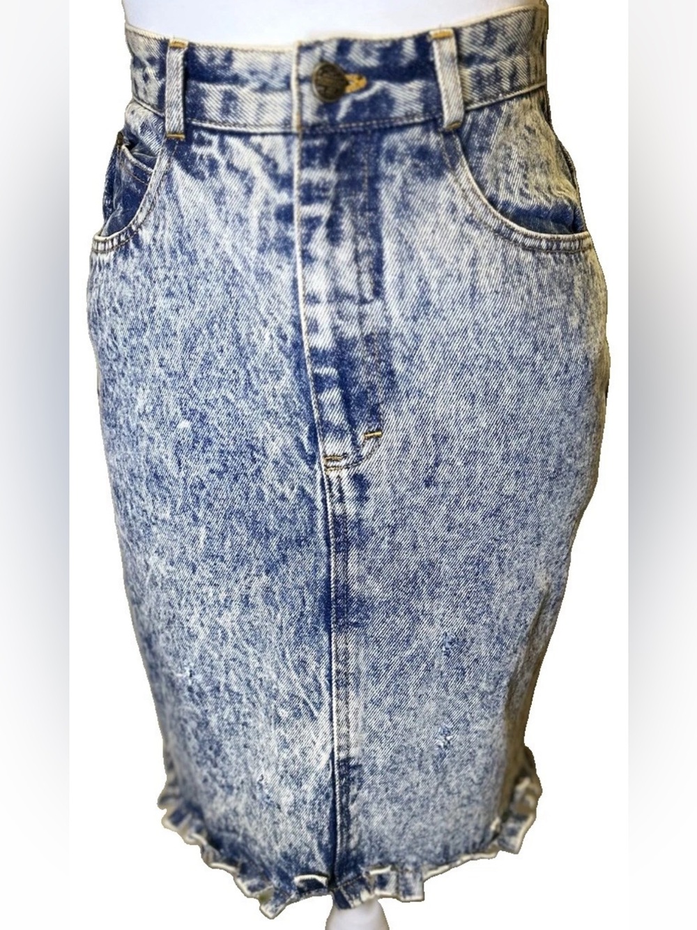 Vintage 80s JouJou Acid Wash Denim Pencil Skirt 5/6 High Waisted Ruffle Hem